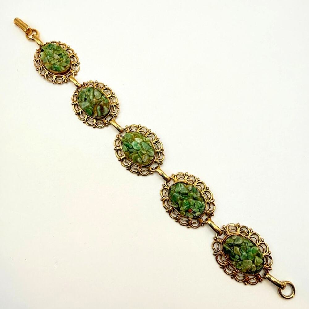 Vtg Oval Jade Chip Cluster Confetti Panel Link Bracelet Gold Tone Filigree 7" - Picture 2 of 10